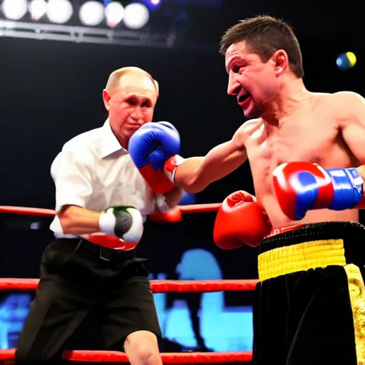 Prompt: volodymyr zelensky beating putin in a boxing match