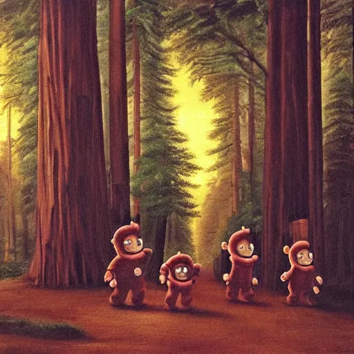 Prompt: teletubbies chasing a man through a redwood forest at night, baroque period, oil on canvas, renaissance masterpiece.