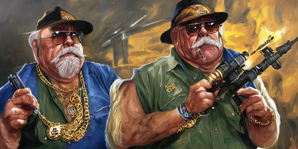 Image similar to wilford brimley rapper wearing gold chains with gold rings on his fingers carrying rpg - 7 diabeetus high fidelity painting high resolution trending on artstation