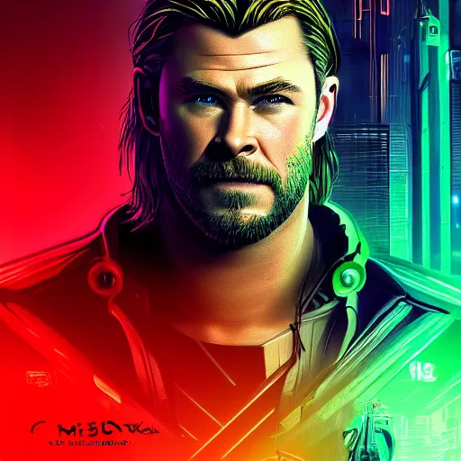 Prompt: chris hemsworth portrait, cyberpunk 2 0 7 7, cyberpunk, photorealistic, ultra detailed, neon, octane, bokeh, cinematic lighting, cyber, cyberpunk city, studio quality, feature, scars, cyberface, 8 k