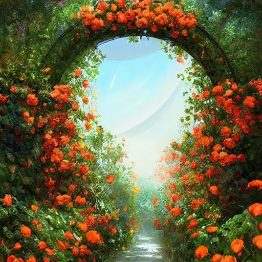 Prompt: a breathtaking digital art painting of an extremely high quality garden arch with climbing roses with nasturtiums at the base, artstation and behance