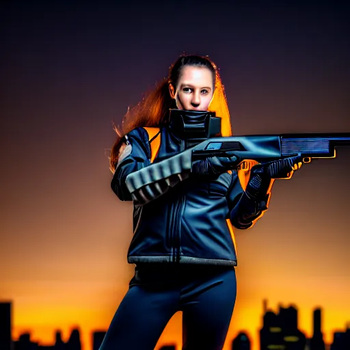 Image similar to photographic portrait of a techwear woman holding a shotgun, closeup, on the rooftop of a futuristic city at night, sigma 85mm f/1.4, 4k, depth of field, high resolution, 4k, 8k, hd, full color, Die Hard, movies with guns, movie firearms