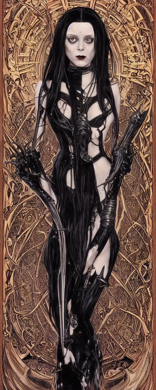 Prompt: striking sensual gorgeous sci - fi art nouveau portrait of wednesday addams as a goregrind death metal vampire queen by moebius, giger, simon bisley and alphonse mucha, photorealism, extremely hyperdetailed, perfect symmetrical facial features, perfect anatomy, ornate declotage, weapons, circuitry, high technical detail, determined expression, piercing gaze