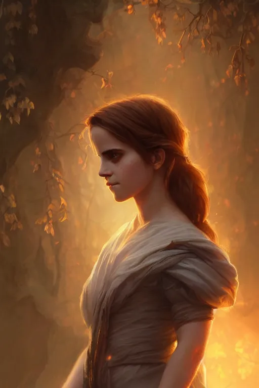 Image similar to emma watson goddess of the autumn twilight, highly detailed, digital painting, artstation, concept art, smooth, sharp focus, illustration, unreal engine 5, 8 k, art by artgerm and greg rutkowski and edgar maxence