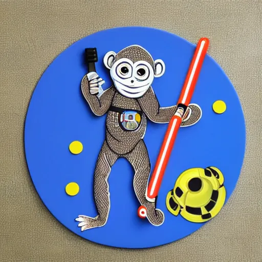 Prompt: a 3 d baby monkey wearing an cosmonaut outfit with a lightsaber, space, star wars, details
