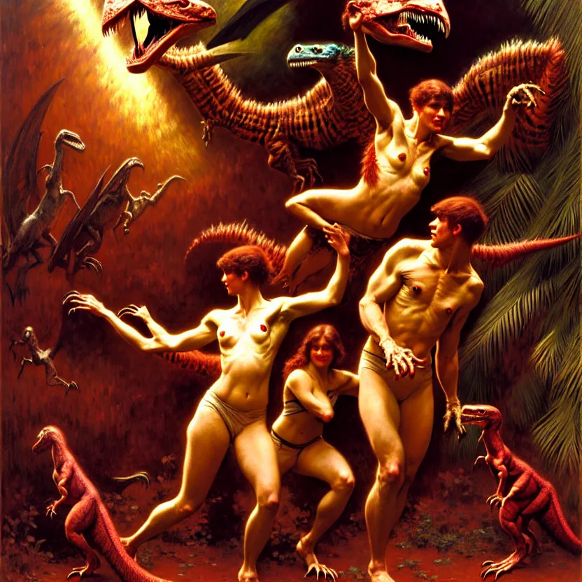 Prompt: velociraptors wrestling, hard lighting, full body, warm lighting, painting by gaston bussiere, craig mullins, j. c. leyendecker, lights, art by ernst haeckel, john william godward, hammershøi