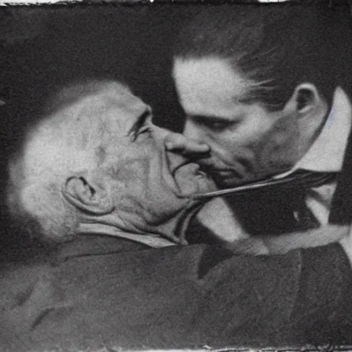 Image similar to hyper realistic vintage photograph of a vampire biting an old mans neck outside of a bar at night detailed faces, grain, old, monochrome, wide angle