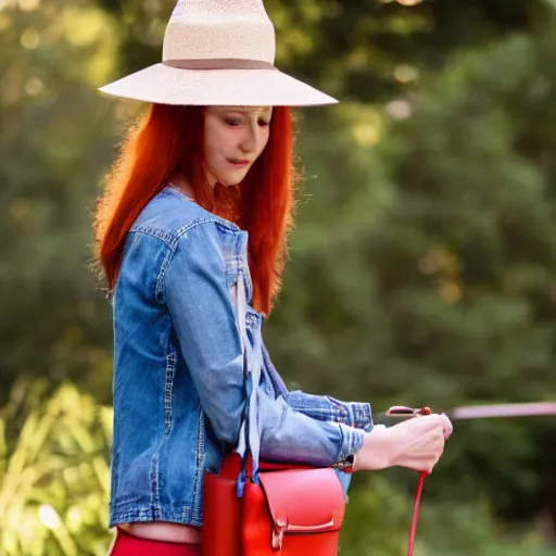 Prompt: DJ at a party, DJ is a young red headed woman and is wearing a straw hat and a fanny pack, beautiful, artistic, belt bag, wide hat