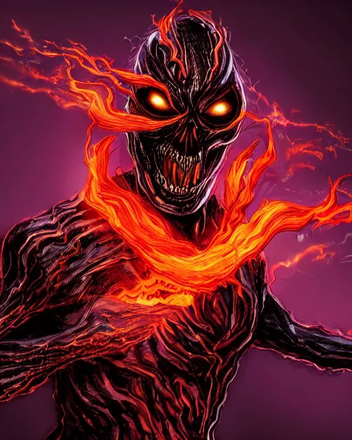 Image similar to ghost rider symbiote, purple and red variant, dynamic lighting, fantasy concept art, trending on art station, stunning visuals, creative, cinematic, ultra detailed, comic strip style