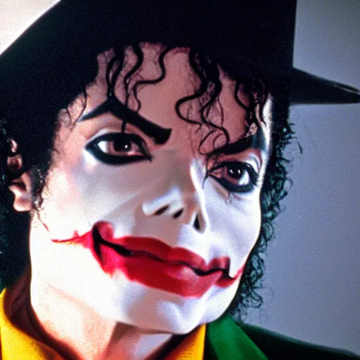 Image similar to a film still of Michael Jackson starring as The Joker, 40mm lens, shallow depth of field, split lighting, cinematic