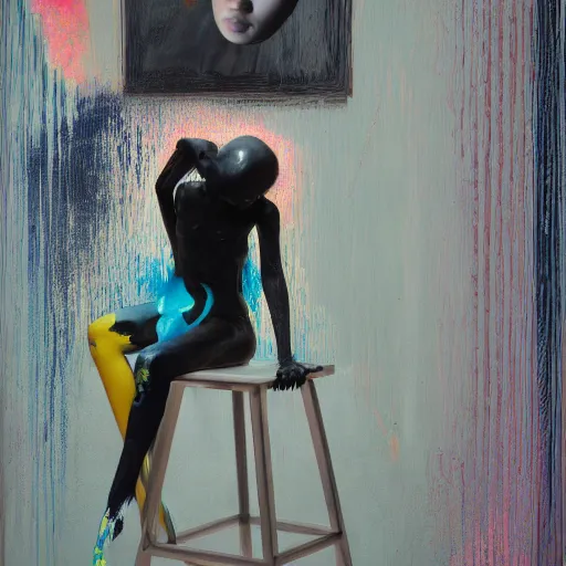 Image similar to portrait of a morphed gamer sitting on a stool looking into a mirror doing makeup by james jean and luc tuymans and beeple and hernan bas and pat steir and hilma af klint, psychological, 3 d, dripping paint, monochrome, high quality render, masterpiece