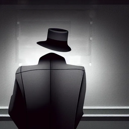 Image similar to Robot detective with hat and trenchcoat sitting in a dimly lit room, atmospherics, film noir