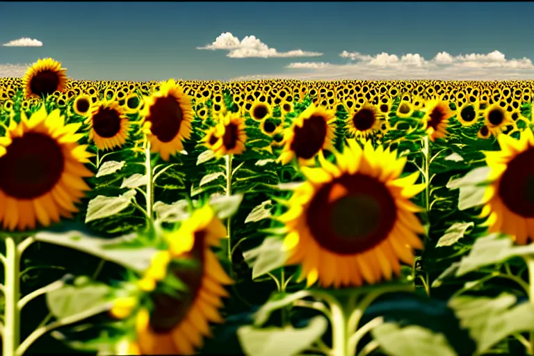 Image similar to a cute little robots at sunflower field. super realistic 8 k render of a elegant, cinematic composition