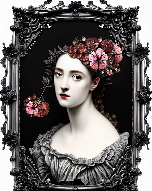 Image similar to masterpiece monochrome profile portrait painting, dutch masters, silver lace floral steampunk biomechanical beautiful one techno eye young female cyborg, big monocular, volumetric light, leaves foliage and stems, hibiscus flowers, gustave dore, rim light, big gothic fashion pearl embroidered collar, 8 k