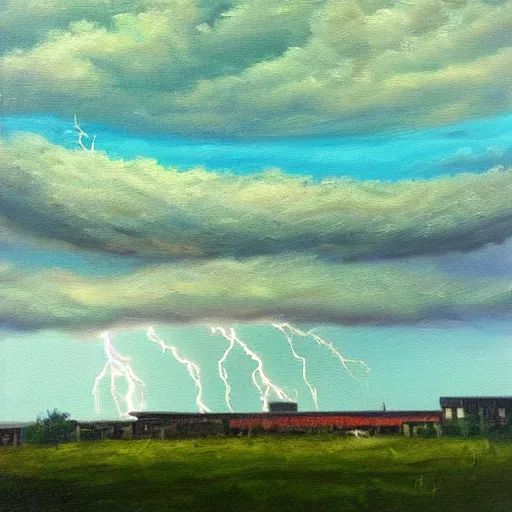 Image similar to “a town lightning storm oil panting”