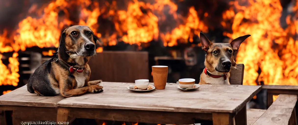 Image similar to a photograph (flash on) of one relaxed anthropomorphic dog sitting on a wooden chair at a table (no fire at all there), it is surrounded by flames, there is a full cup of coffee on the table, huge fire on a dining room in the background, a lot of flames behind the dog, black smoke instead of the ceiling, no watermark