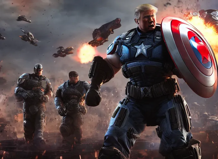 Image similar to trump as captain america in gears of war, splash art, movie still, cinematic lighting, ray tracing, octane render, long lens, shallow depth of field, bokeh, anamorphic lens flare, 8 k, hd, 4 k, hyper detailed, 3 5 mm film grain