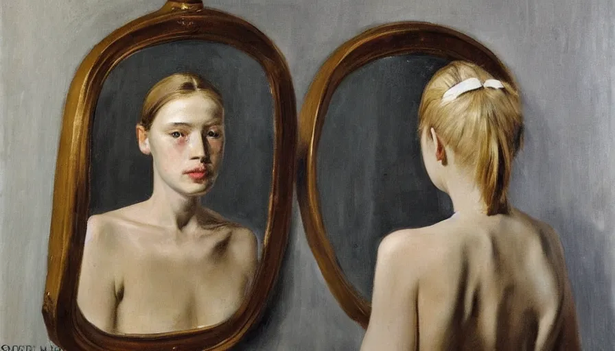 Image similar to painting by borremans, young woman in front of the mirror, detailed, stunning