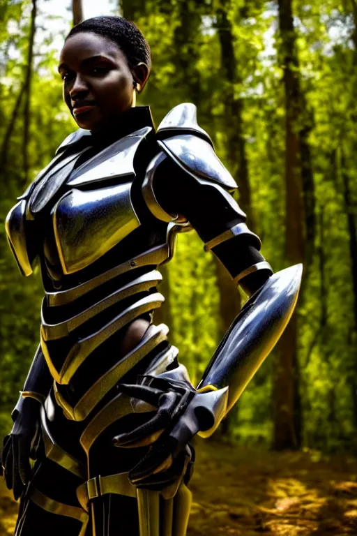 Image similar to hyperrealistic mithra goregous black woman exoskeleton armor in a forest sun behind her concept art eric zener elson peter cinematic side soft yellow light low angle hd 8k sharp shallow depth of field