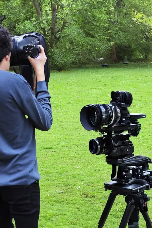 Prompt: slim teenage boy, dark curly hair, wearing a black beret hat, dark shirt black trousers, brown satchel, outside in a park, using a super 8mm camera to film a bear which is beside him