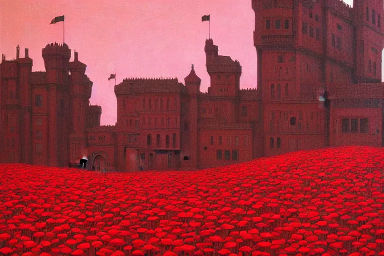 Image similar to only with red, red flowers of different types, red castle in background, red medieval big fat goblins, in the style of beksinski, parts by edward hopper, parts by rodcenko, parts by yue minjun, intricate and epic composition, red by caravaggio, insanely quality, highly detailed, masterpiece, red light, artstation, 4 k