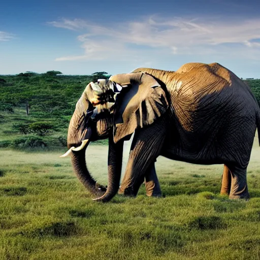 Image similar to a highly detailed panoramic photo of the serengeti. in the far background we see a small boy next to an elephant with an extremely long trunk. 8 k, super resolution