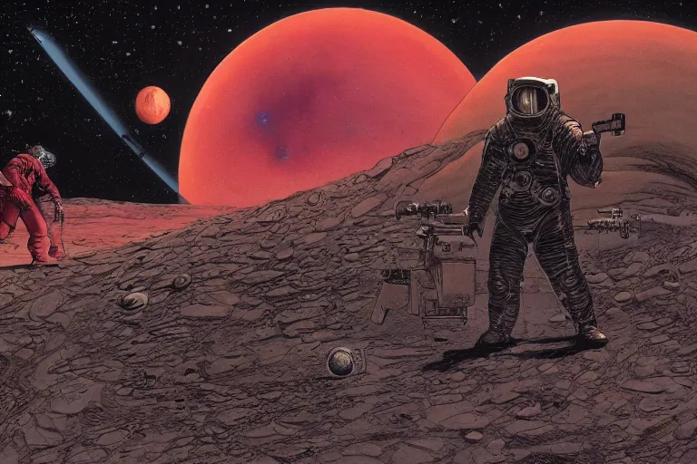 Image similar to an illustration of a space hero with a laser blaster, on a moon with Jupiter filling the background, by bernie wrightson and Moebius, 4k, highly detailed