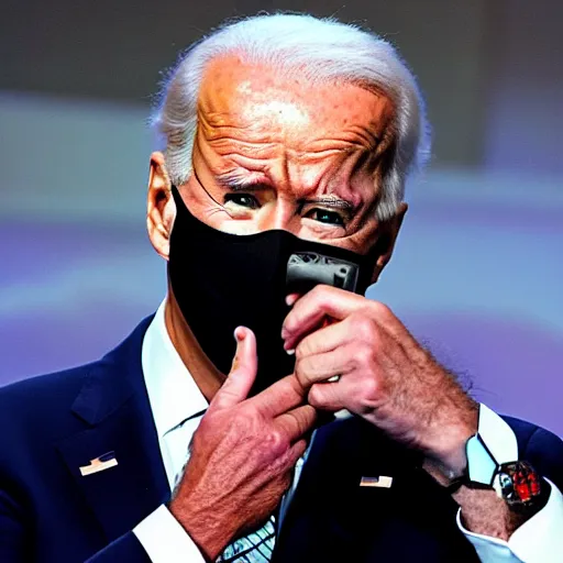 Image similar to Joe Biden glowing eyes with Shotgun