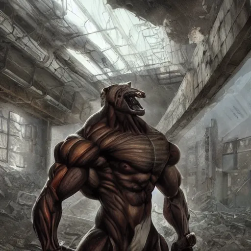 Image similar to a hyper - muscular anthropomorphized horse wearing a tactical bodysuit standing in the ruins of a facility, equine, bodybuilder physique, dynamic pose, highly detailed, digital painting, artstation, concept art, illustration by artgerm, greg rutkowski, makoto shinkai