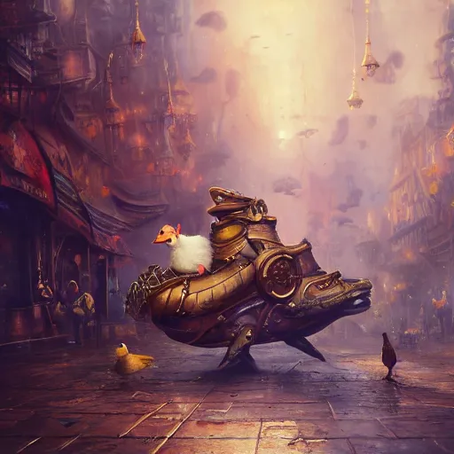 Image similar to oil painting of steampunk hamster, riding on giant duck, steampunk city background, sharp focus, fantasy style, octane render, volumetric lighting, 8k high definition, by greg rutkowski, highly detailed, trending on art Station, explosions, magic the gathering artwork, centered