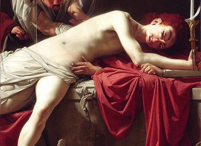 Prompt: this sorrowful picture illustrates the poignant death of lucretia which led to a revolt that overthrew the monarchy and established the republic of rome. hyperrealism, intricate details, trending on artsation