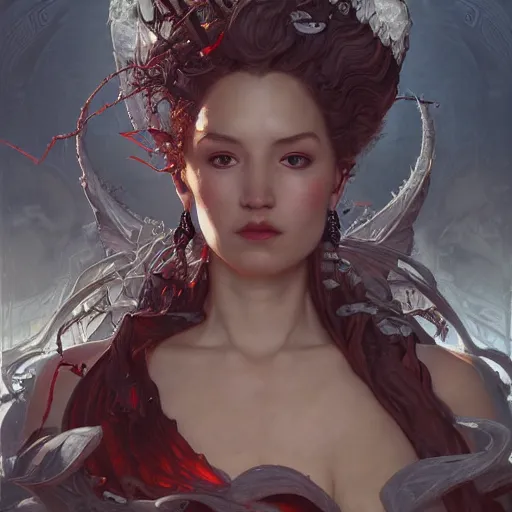 Image similar to portrait of a destruction goddess, intricate chaos, evil, elegant, highly detailed, death, digital painting, satan, artstation, lucifer, concept art, smooth, sharp focus, illustration, art by artgerm and greg rutkowski and nekro borja and mucha and william - adolphe bouguereau