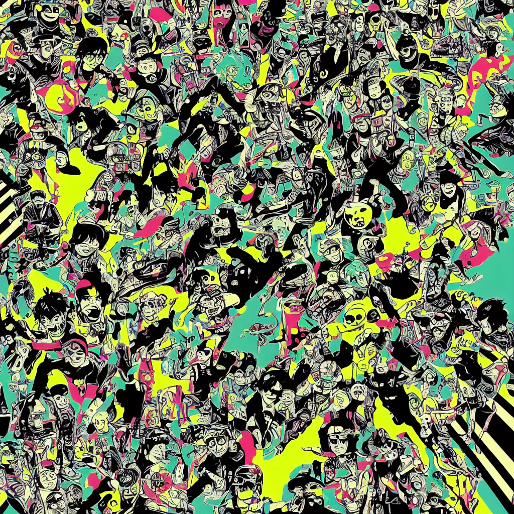 Image similar to faceless human figures, kazuo umezu artwork, jet set radio artwork, stripes, tense, space, cel - shaded art style, broken rainbow, ominous, minimal, cybernetic, cowl, dots, stipples, thumbprint, dark, eerie, motherboards, crosswalks, guts, folds, tearing