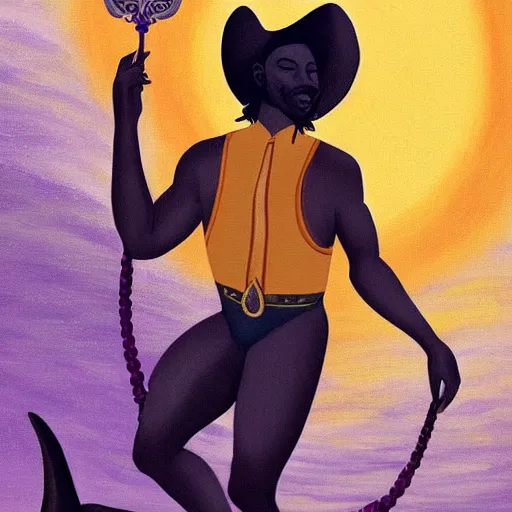 Prompt: a beautiful tarot! painting of a handsome african cowboy, riding a dolphin, in front of a pale lavender sunrise, self erotic, dawn, predawn, golden light, art deco!, art nouveau, silhouette, no crop, trending on artstation