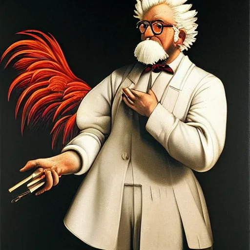 Prompt: Colonel Sanders merged with a Rooster. Painted by Caravaggio, high detail