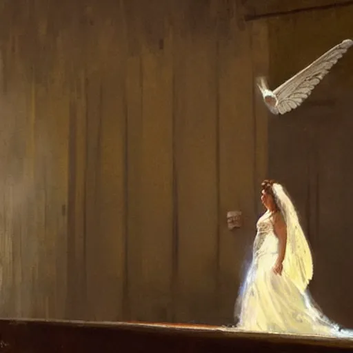 Image similar to Painting by Greg Rutkowski, an opera singer in a white dress with wings on stage