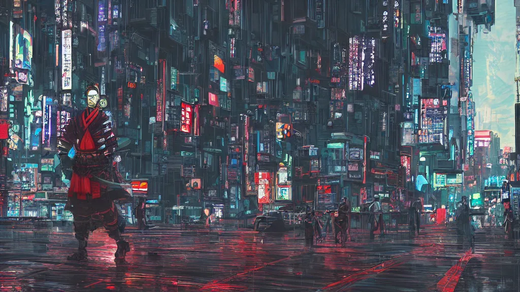 Prompt: A samurai in a cyberpunk city, digital art