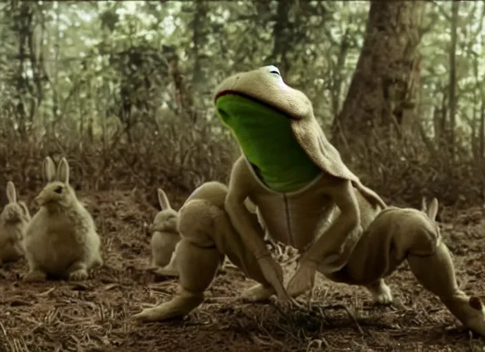 Prompt: handsome muscular kermit confronts an army of bunny rabbits film still directed by denis villeneuve