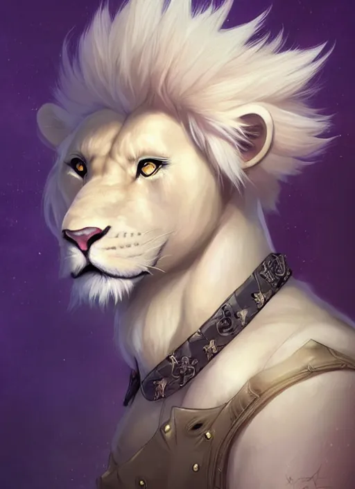 Image similar to award winning beautiful portrait commission of a male furry anthro albino lion fursona with a tail and a cute beautiful attractive detailed furry face wearing rockstar clothes on a live stage. Character design by charlie bowater, ross tran, artgerm, and makoto shinkai, detailed, inked, western comic book art