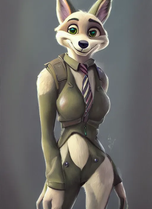 Image similar to oil painting detailed full body of anthromorphic female wolf, in style of zootopia, zootopia, zootopia, fursona, furry, furaffinity, 4 k, deviantart, furry art, fursona art, wearing business suit, in style of zootopia, wolf fursona, cyberpunk, female, expressive, detailed feminine face,