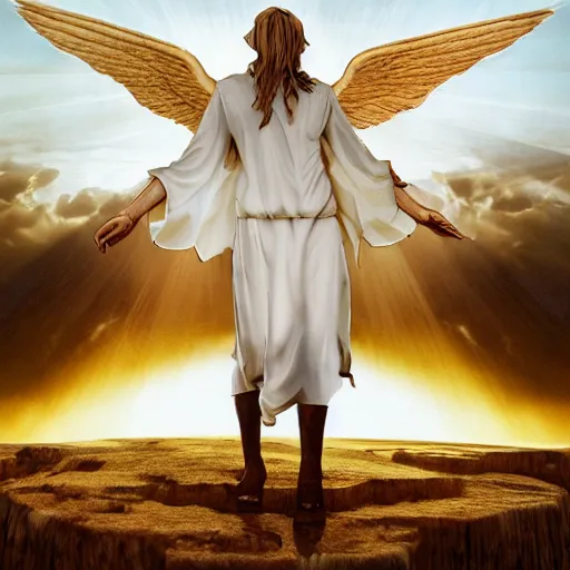 Image similar to gigantic biblical depiction of an angel towering over a vast landscape, cinematic, realistic, geometric white marble body, photorealistic, golden sky color, global illumination, volumetric lighting, god rays, beautiful composition, majestic clouds, soft colors, heavenly lighting