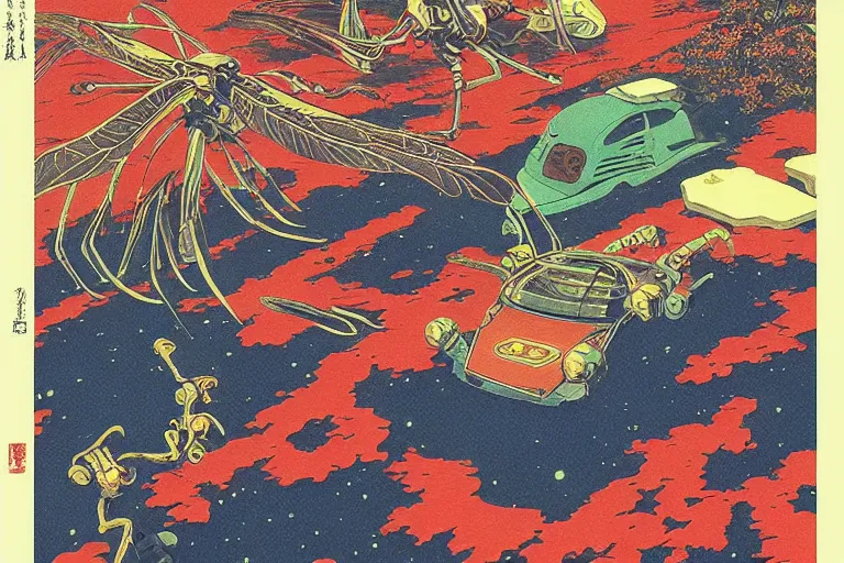 Prompt: gigantic dragonflies catch tiny cars, a lot of exotic mechas robots around, heads are all over the ground, acid and dreaming psychedelic hallucinations, risograph by kawase hasui, dirtyrobot, edward hopper, satoshi kon and moebius, colorful flat surreal design, super - detailed, a lot of tiny details, fullshot