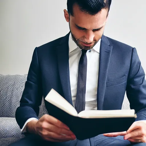 Prompt: man wearing suit taking a bath while reading a journal