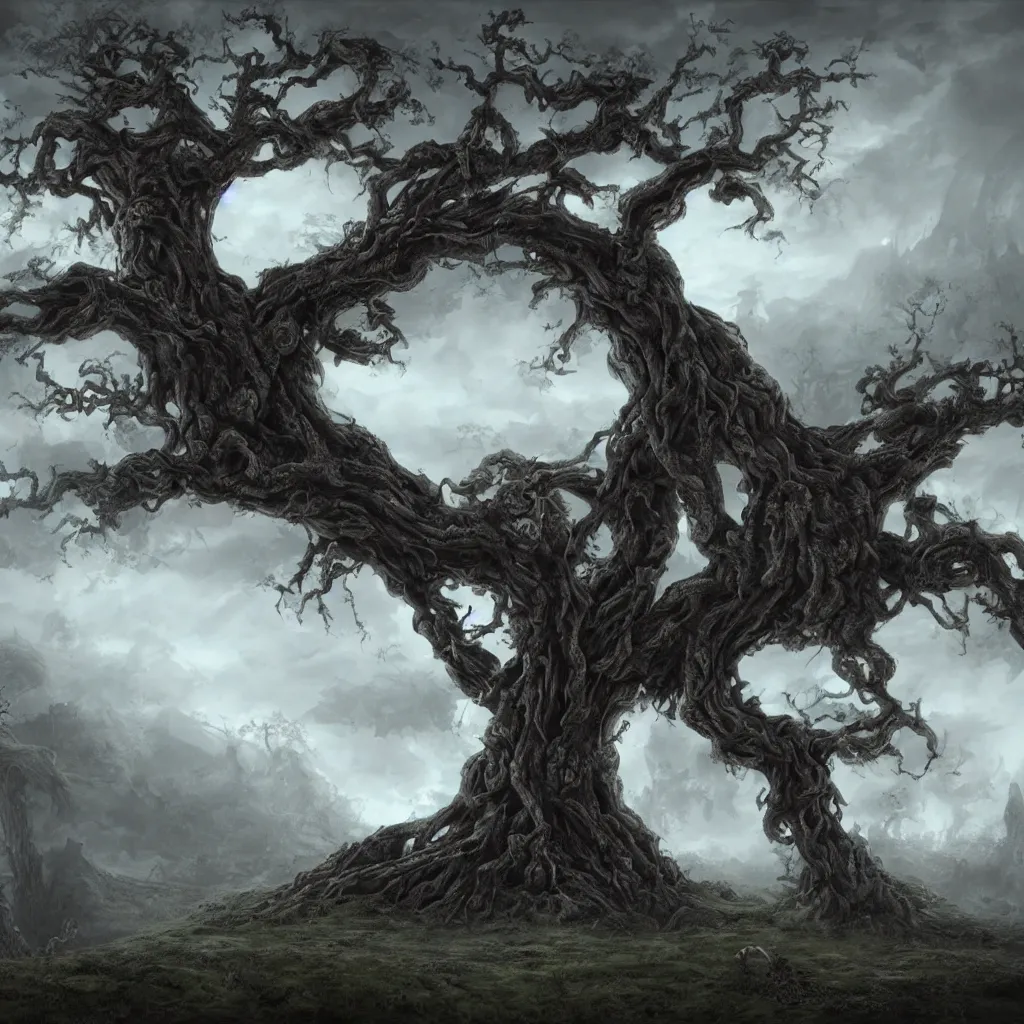 Image similar to evil ancient tree with skeleton in base, on a hill, a detailed matte painting, fantasy, foggy