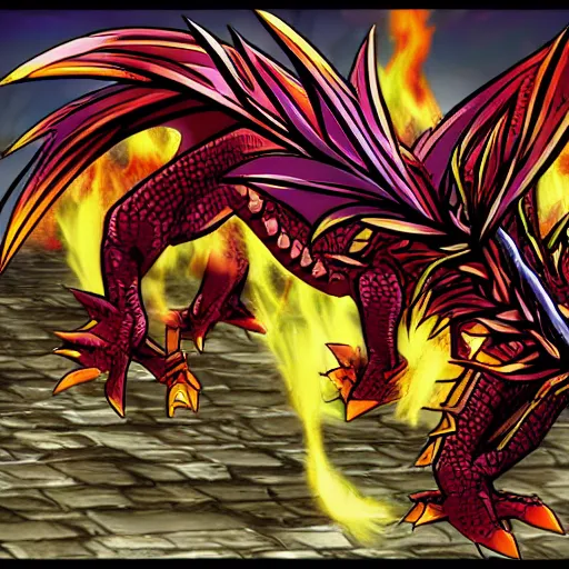 Prompt: large dragon, end boss, fire, , yugioh style