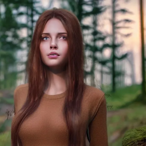 Image similar to real life photo of a beautiful girl, full body photoshoot, long brown hair, brown eyes, full round face, short smile, belly free, long sleeved belly free brown shirt, forest setting, cinematic lightning, medium shot, mid - shot, highly detailed, trending on artstation, unreal engine 4 k, 8 0 mm, 8 5 mm, cinematic wallpaper