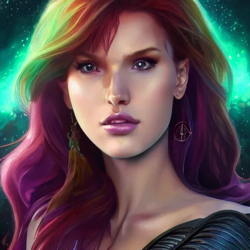 Image similar to ultra realistic illustration, bella thorne as jainway as starfire anime with glowing green eyes, intricate, elegant, highly detailed, digital painting, artstation, concept art, smooth, sharp focus, illustration, art by artgerm and greg rutkowski and alphonse mucha