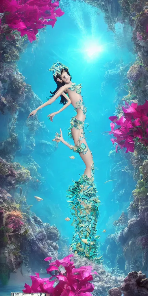 Image similar to #background a underwater city of Atlantis, anthropomorphic betta fish woman wearing a flowing couture dress made out of paper blue Bougainvillea, paper flowers, many origami betta fish, Origami coral, magestic light, 3D, very detailed, octane render, trending ArtStation, artgem