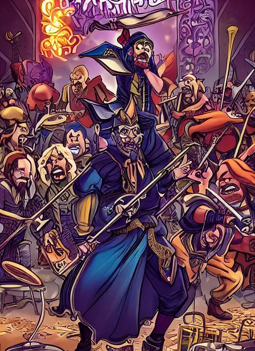 Prompt: a wizard character surrounded by many musical instruments, action, epic, comic book cover