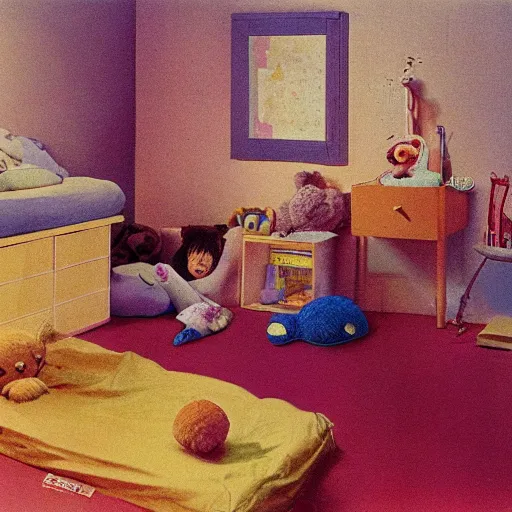 Image similar to An IKEA catalogue photo of a childrens bedroom, with huge cuddly toys, by Beksinski